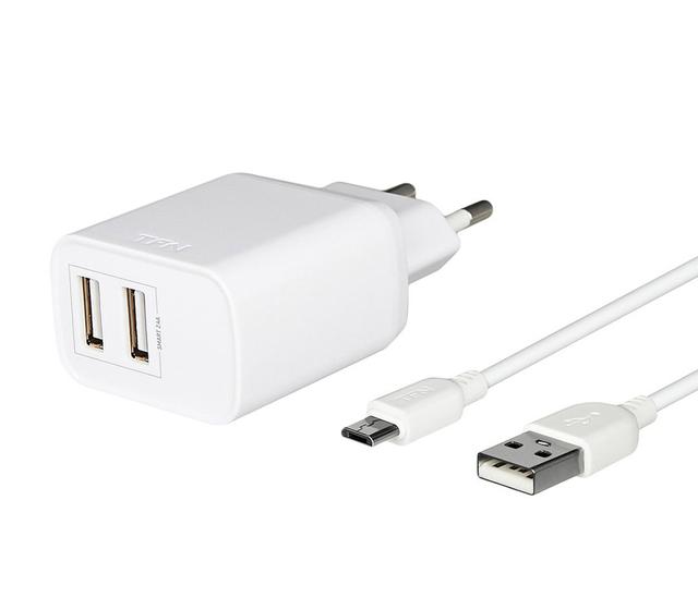Зарядное устройство TFN 2x USB-А, 12 Вт, с кабелем Micro USB, белое