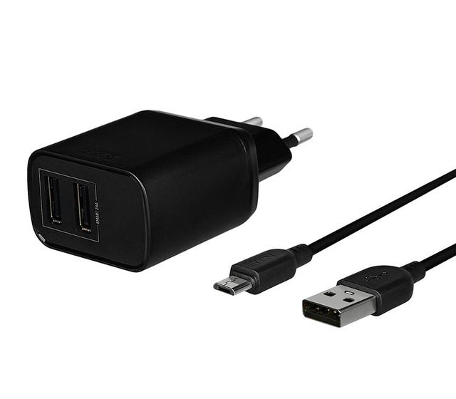 Зарядное устройство TFN 2x USB-А, 12 Вт, с кабелем Micro USB, черный
